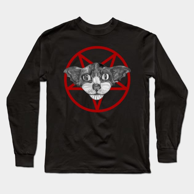 Satanic black cat in pentagram Long Sleeve T-Shirt by deadblackpony